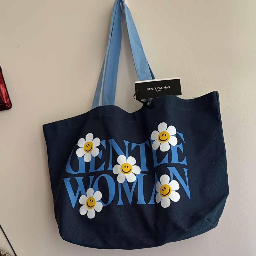 Navy Blue Tote Bag with Floral Design . Gentle Woman.